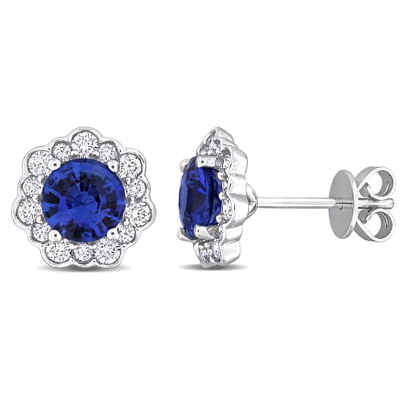 Miadora 2ct TGW Blue Sapphire and 9/16ct TDW Diamond Floral Stud Earrings 14k White Gold