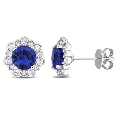 Miadora 2ct TGW Blue Sapphire and 9/16ct TDW Diamond Floral Stud Earrings 14k White Gold