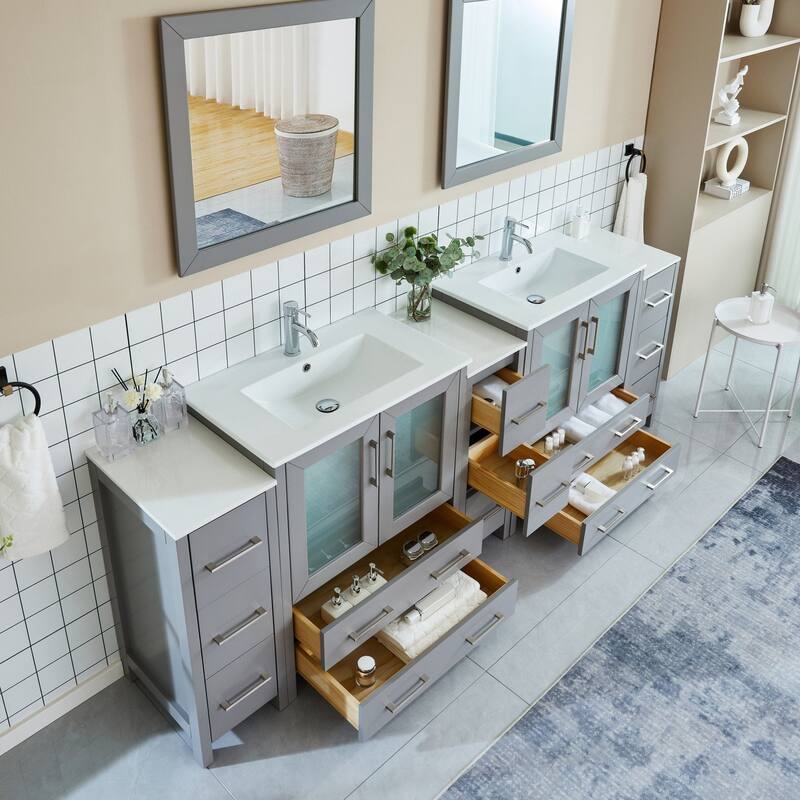 Vanity Art 96" Double Sink Bathroom Vanity Set 13 Dove-Tailed Drawers 5 Cabinets 2 Shelves, Soft-Closing Doors with Free Mirror