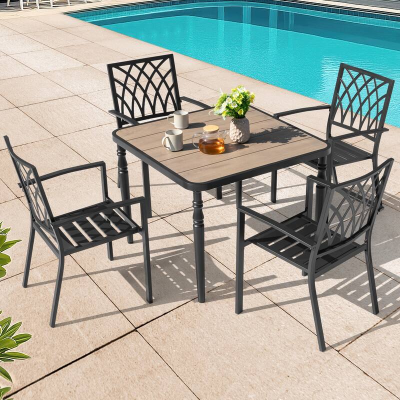 5PCS Patio Stackable Dining Set, Umbrella Hole and Wood-Grain Tabletop