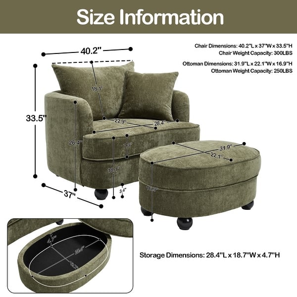 dimension image slide 1 of 11, 40.2" Modern Chenille Accent Chair,Comfy Reading Chair with Storage Ottoman