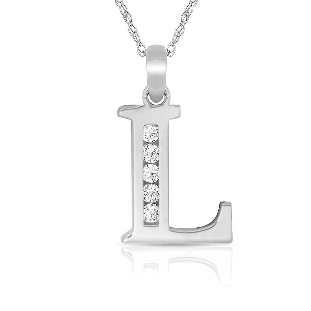 Curata 14k White Gold, 18" Small Channel-set (A-Z) Cubic Zirconia Initial Pendant Necklace