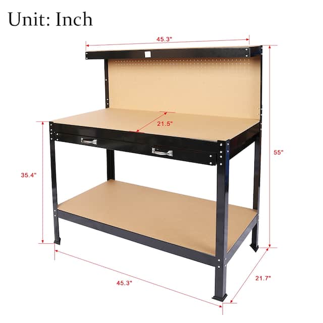 Steel Tool Storage Workbench, Hardwood Tools Table Workstation with Drawer, Peg Board for Workshop, Home