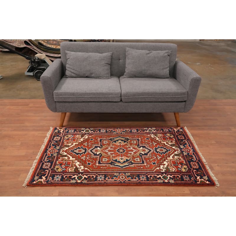 Hand Knotted Oriental 100% Wool Carpet Traditional Geometric Oranges & Rust Heriz (serapi) Area Rug - 4' 11'' X 3' 0''