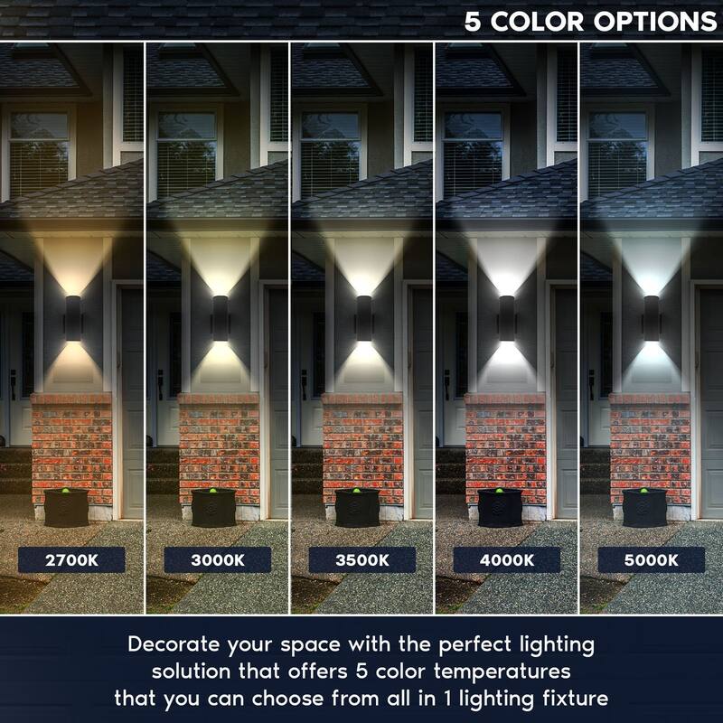 Luxrite Modern Cylinder LED Up and Down Outdoor Wall Lights, 5CCT Waterproof Wall Sconce 20W 1800LM 120-277V ETL 2 Pack
