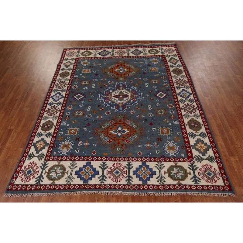 Geometric Blue Kazak Oriental Area Rug Hand-Knotted Wool Carpet - 7'11" x 9'9"