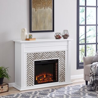 SEI Furniture Heidi Contemporary Electric Fireplace with Chevron Design White Marble Mantel