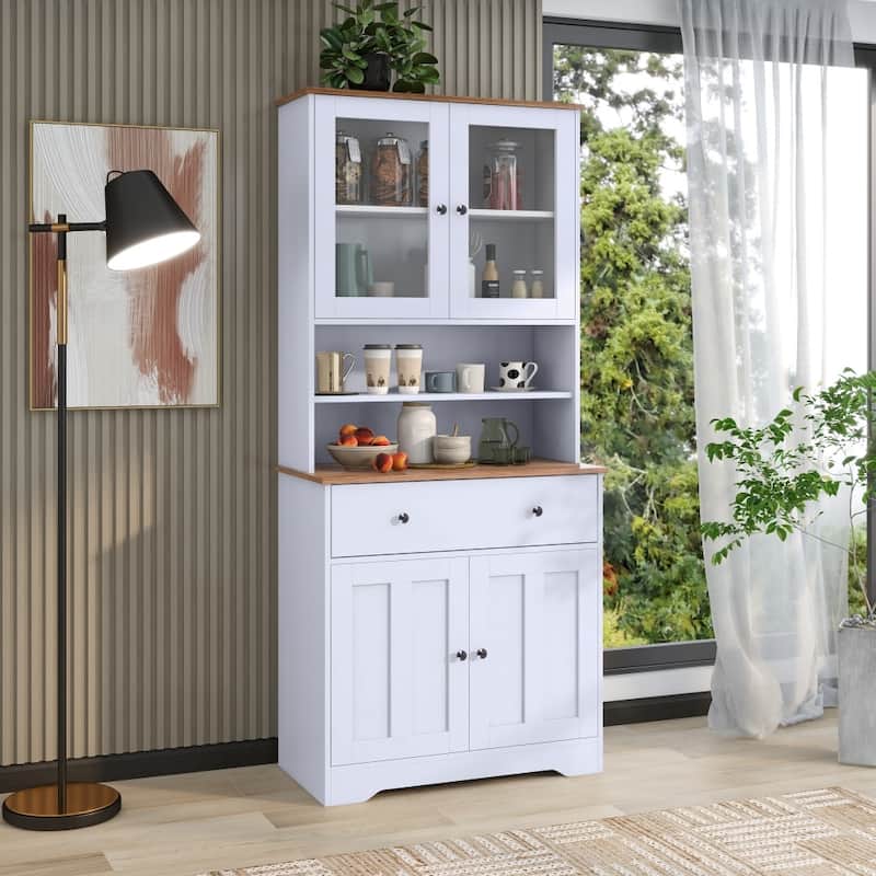 White Storage Cabinet with Glass Doors and Drawer and Adjustable Shelf - White