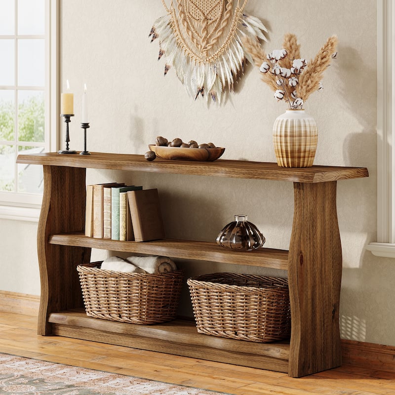 63 Inch Solid Wood Console Table with 3 Tier Storage Shelves, Sofa Table Behind Table for Living Room, Entryway