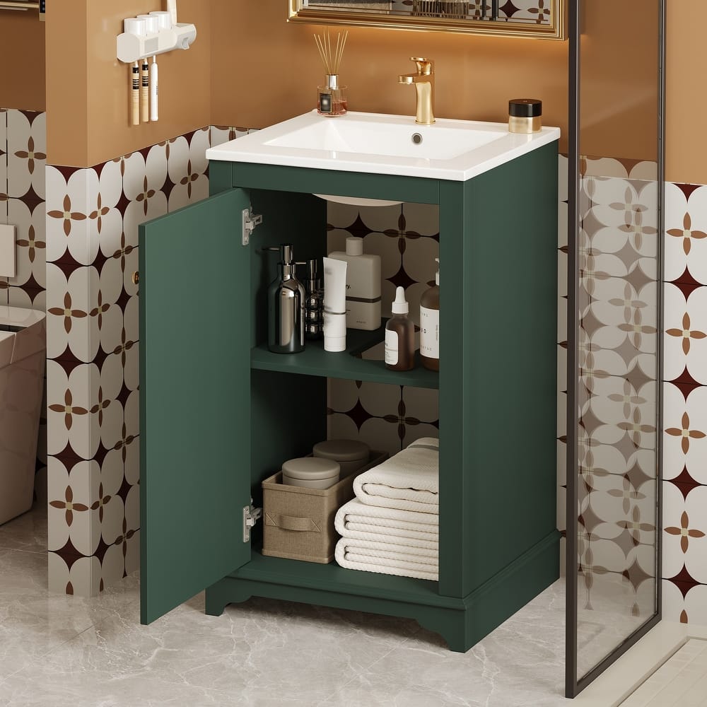 Bathroom Vanity with Ceramic Sink, Freestanding Small Storage Cabinet, Bathroom Cabinet with Soft Close Door & Adjustable Shelf