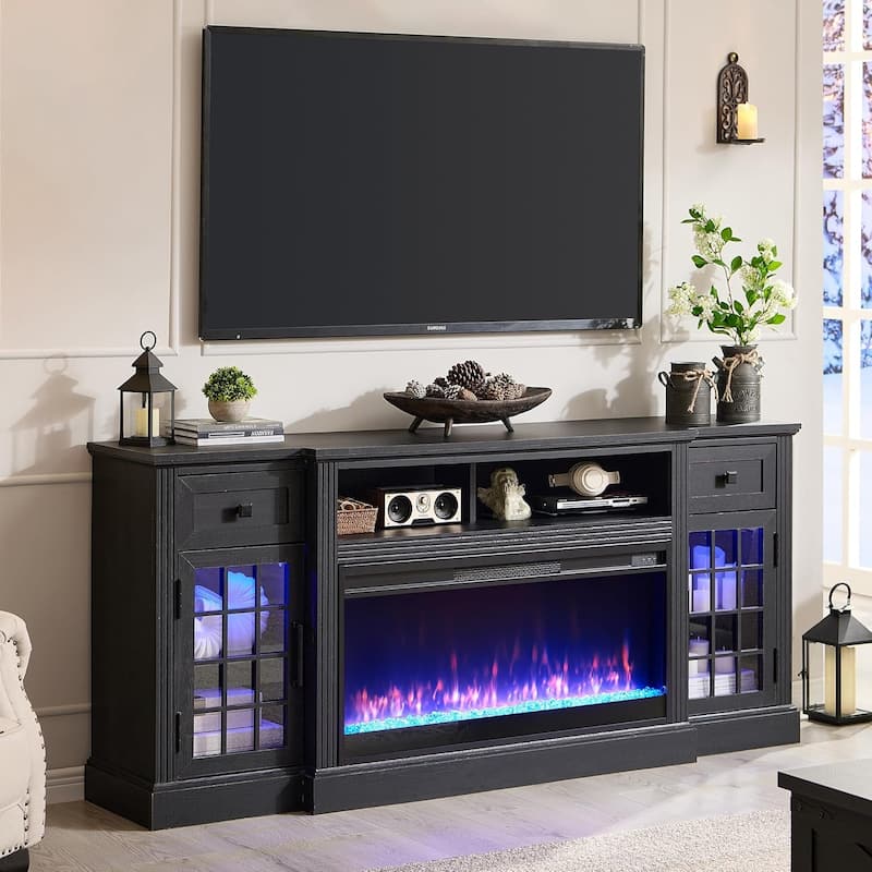 Farmhouse Fireplace TV Stand for 80 Inch TV, Entertainment Center - Black