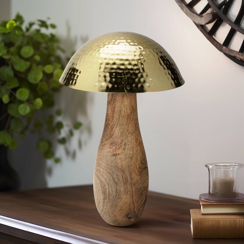 Sagebrook Home Metal Mushroom With Wood Base, Gold, Novelty, Two-Tone, Boheme Decorative Accessories - Two-tone Gold - 10" x 10" x 16"