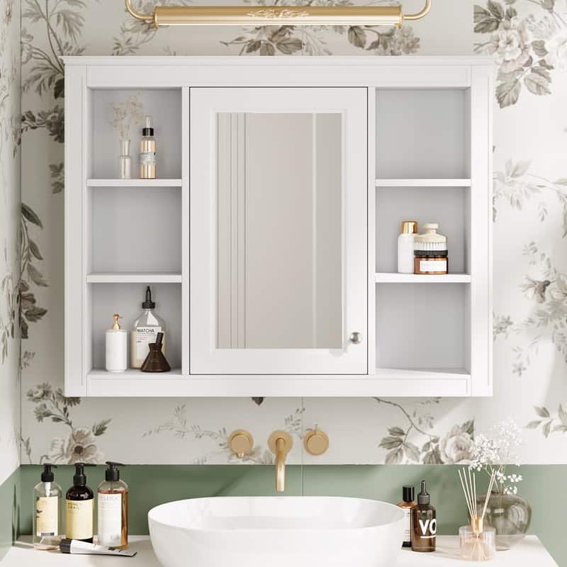 35'' x 27.5'' Modern Bathroom Wall Medicine Cabinet, Wall Mounted Bathroom Storage Cabinet with Mirror and 6 Open Shelves - N/A