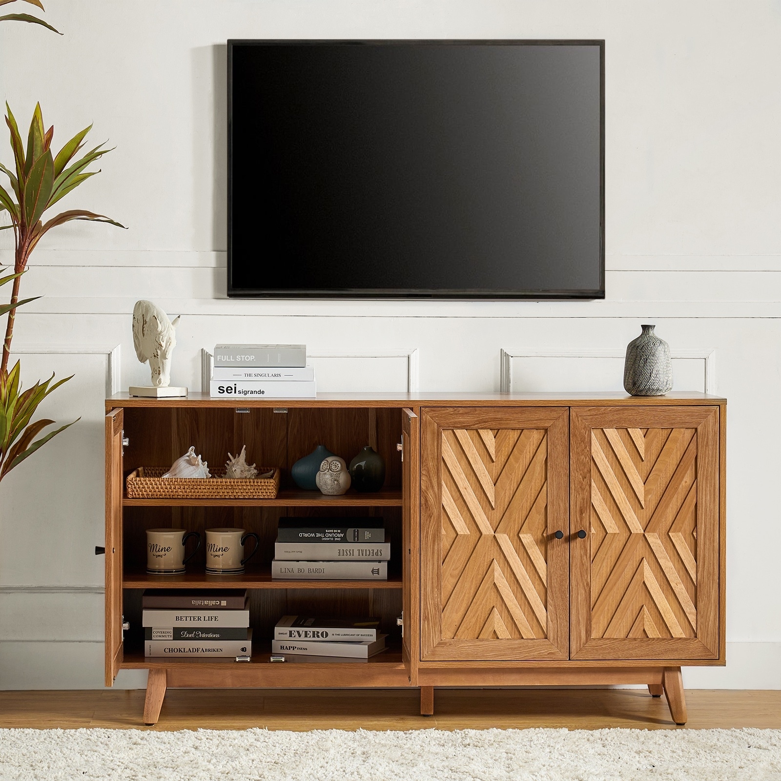 Tobias 57"Wide Mid-century Chevron-patterned Sideboard with Adjustable Shelves by HULALA HOME