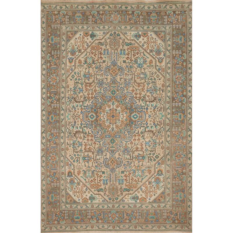 Hand Knotted Oriental 100% Wool Carpet Traditional Floral Peach Tabriz Area Rug - 9' 2'' X 6' 3''
