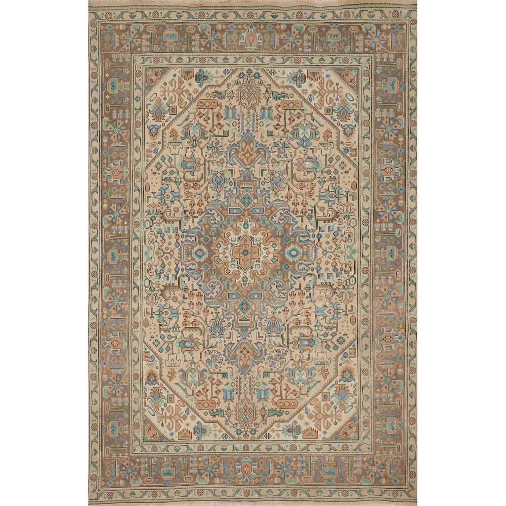 Hand Knotted Oriental 100% Wool Carpet Traditional Floral Peach Tabriz Area Rug - 9' 2'' X 6' 3''