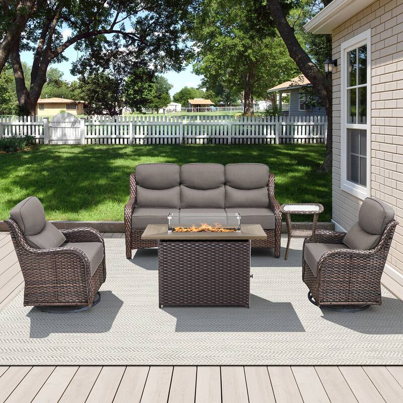 Meyreso 7-Piece Wicker Outdoor Patio Fire Pit Conversation Set with 6-Inch Thick Cushions - 5-Piece - Brown/Gray