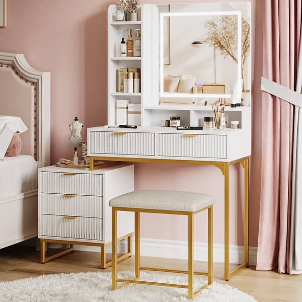 white and gold dressing table stool Amazon.com: Gold Vanity Desk with Stainless Steel Legs Cushioned Stool &  Side Cabinet