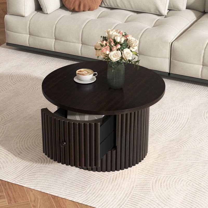 Round Coffee Table ,Farmhouse Coffee Table with a Drawer,Center Table with Vertical Slat Base in 30.5"