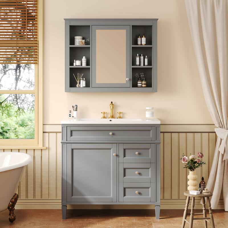 Freestanding Bathroom Vanity & Wall Mounted Mirror Cabinet Set with Resin Sink, Open Shelves, Drawers and Adjustable Shelves