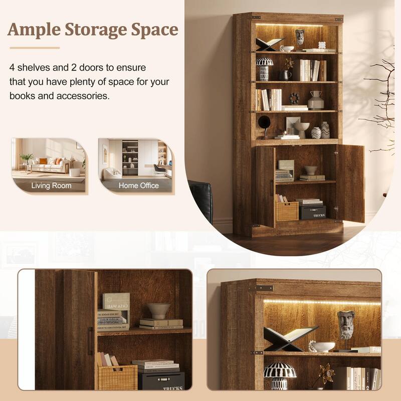 83.4" Tall Modern Bookshelf with Doors, Farmhouse Bookcase Featuring 3-Tier Adjustable Shelves & LED Display Lighting