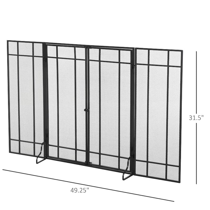 HOMCOM 3-Panel Metal Mesh Screen Fireplace with Foldable Steel Spark Guard and Magnetic Doors, Black