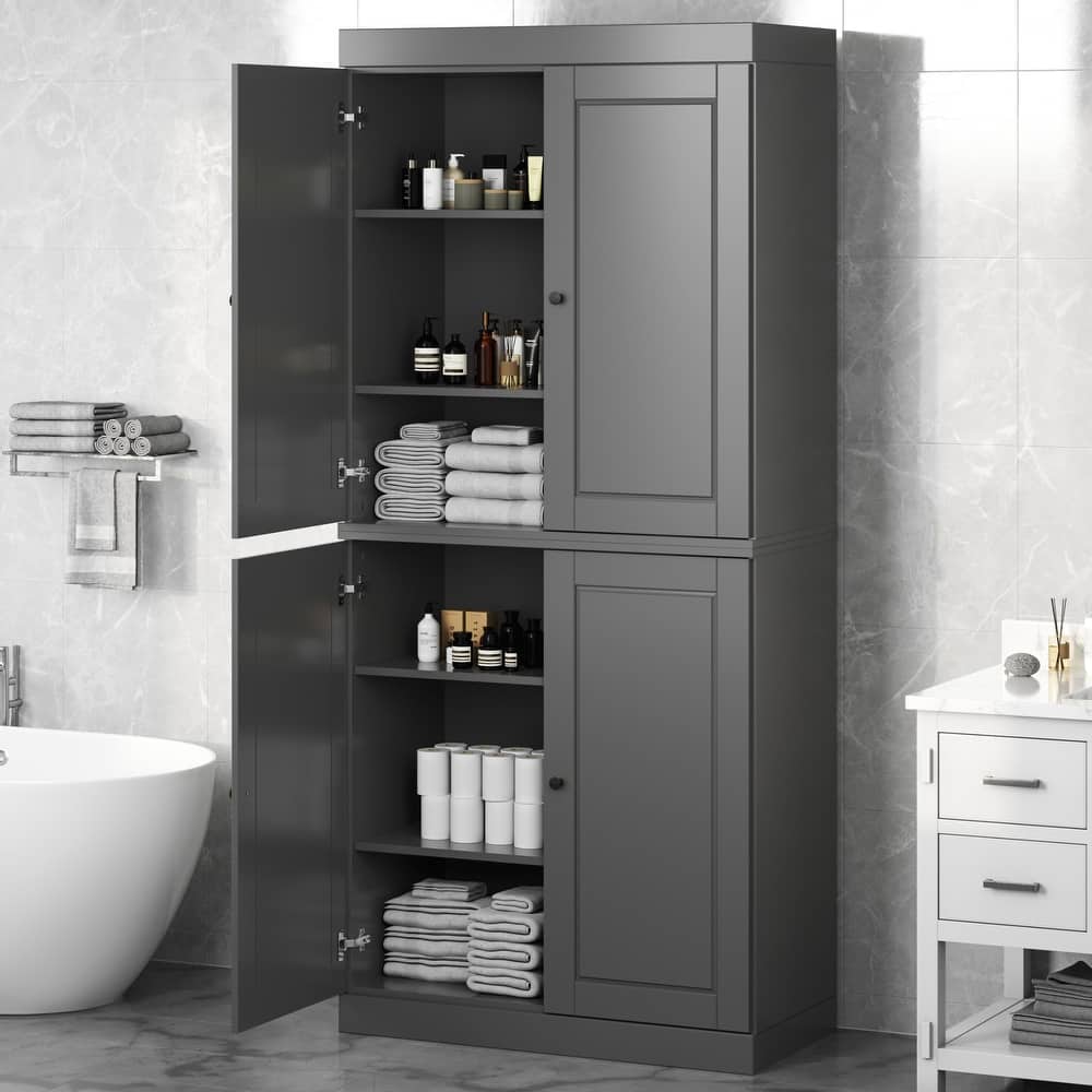 100% Solid Wood Tall Freestanding Bathroom Linen Cabinet with Doors, Adjustable Shelves, Modular Storage, 32" W x 71.5" H