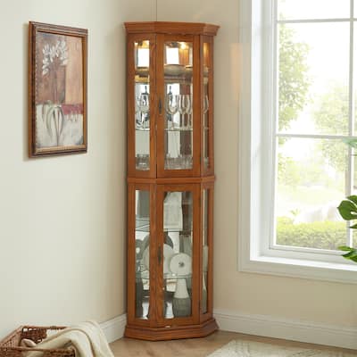 Lighted Corner Curio Display Bar Shelf Cabinet with Tempered Glass Door