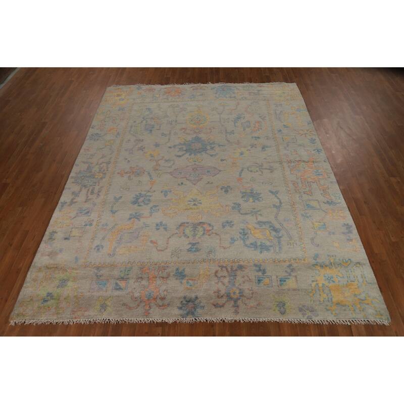 Floral Grey Oushak Indian Area Rug Hand-Knotted Wool Carpet - 7'11" x 9'10"