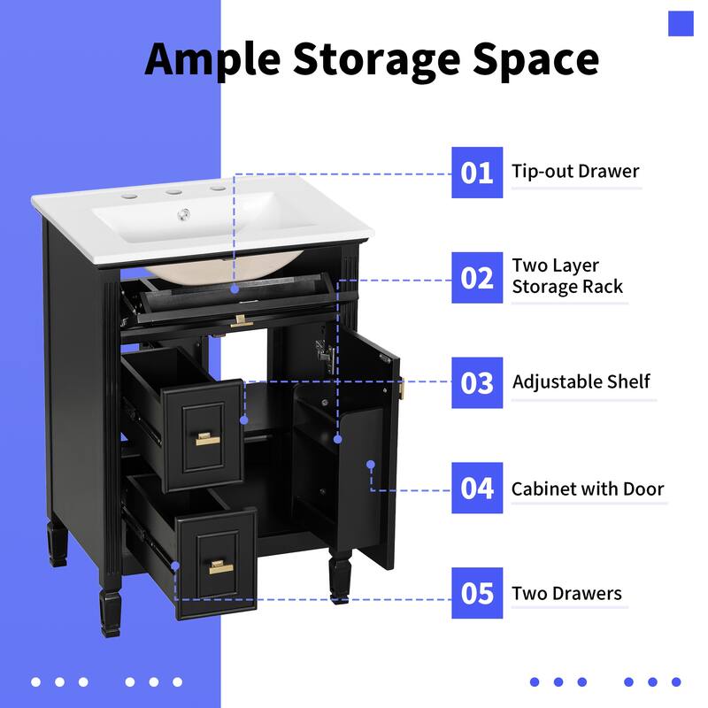 24 Inch Bathroom Vanity with Ceramic Sink Combo, Undermount Vanity Sink Cabinet Bathroom Storage Cabinet for Small Space