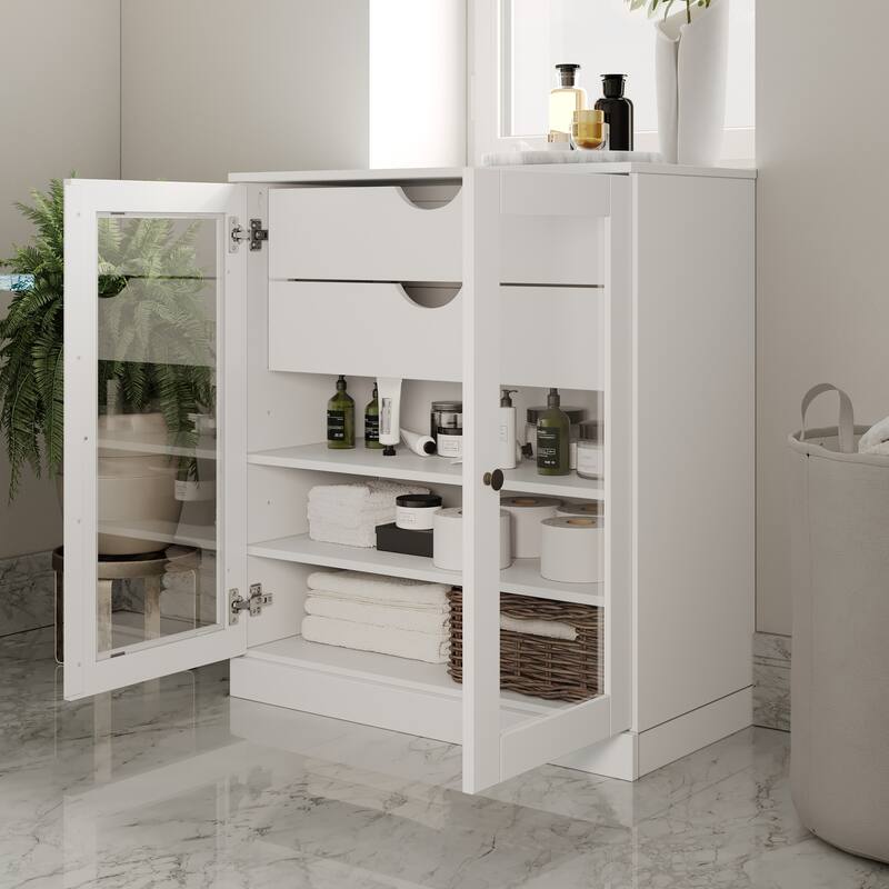 Palace Imports 100% Solid Wood 32" Bathroom Cabinet with Clear Glass Doors, 2-Drawers and Adjustable Shelves - White