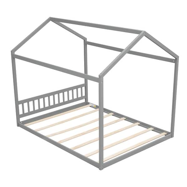 slide 2 of 9, House-shaped Frame Gray Queen Size Bed with Roof and Fence Gray - Queen