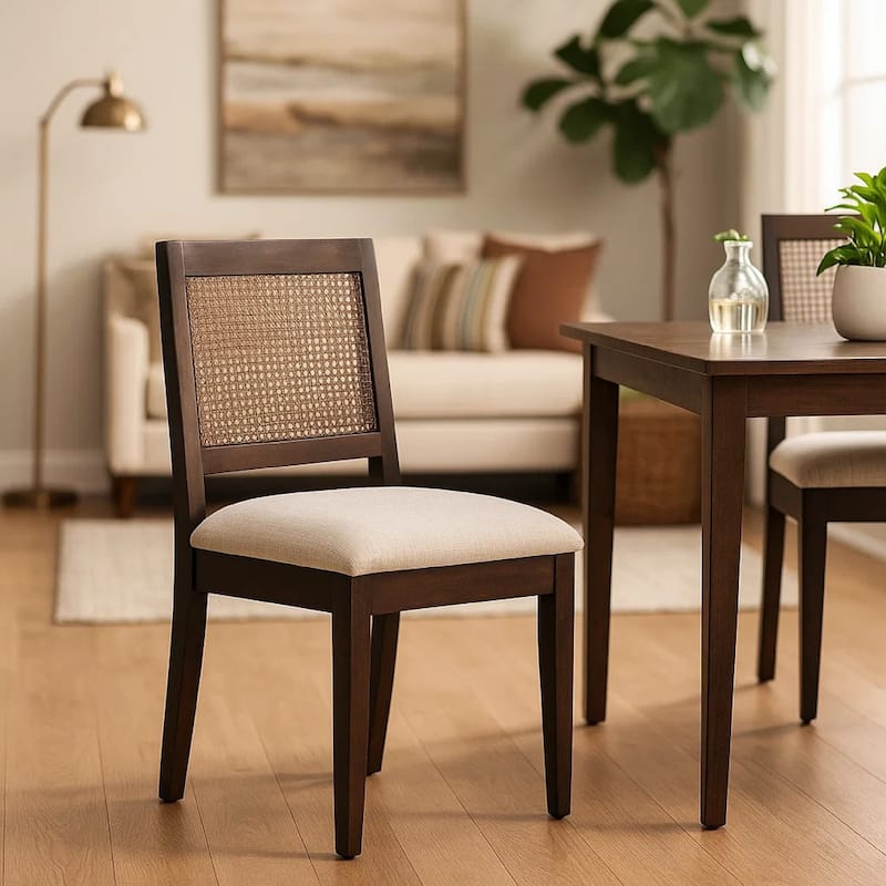 Zemi Dining Chair Set of 2, Rattan Back, Beige, Dark Brown Solid Wood