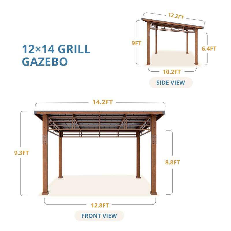 12x14 ft Outdoor Pavilion Wooden Gazebo with Hardtop Metal Roof Shelter for Patio, Backyard, Garden