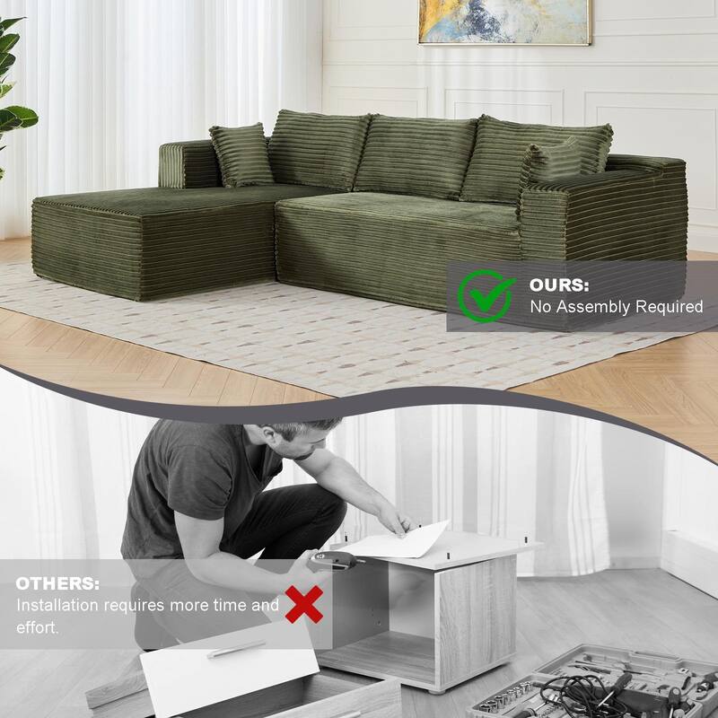 Boneless L-shaped Sectional Sofa with Chaise, Modular Sleeper Sofa Bed Corduroy Compression Deep Seat Sectional Couch