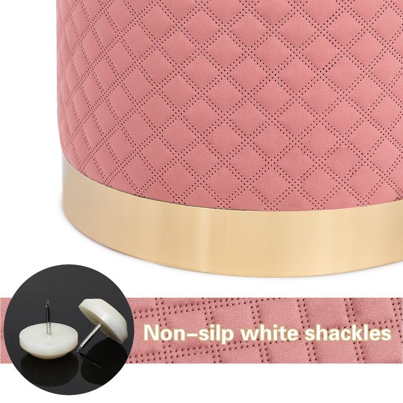 Adeco Width Round Velvet Ottoman Footstool with Gold Trim Soft Compact