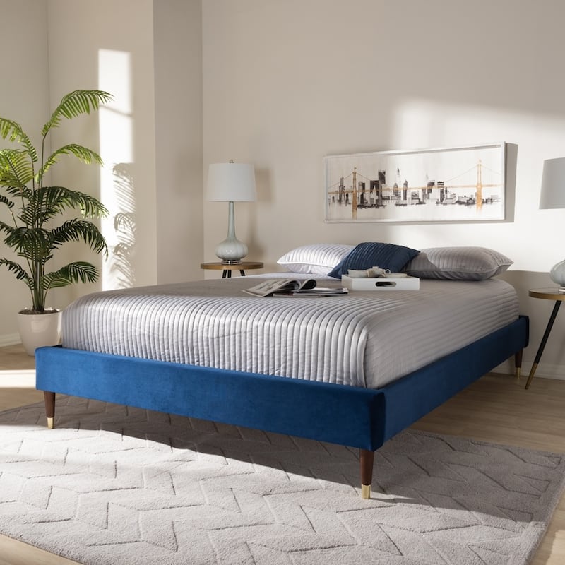 Volden Glam and Luxe Velvet Fabric Upholstered Wood Platform Bed Frame with Gold-Tone Leg Tips