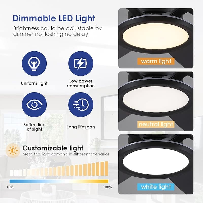 52 Inches RGB Flush Mount Ceiling Fan with Light,Reversible DC Motor for Bedroom Living Room Patio - 52 Inches