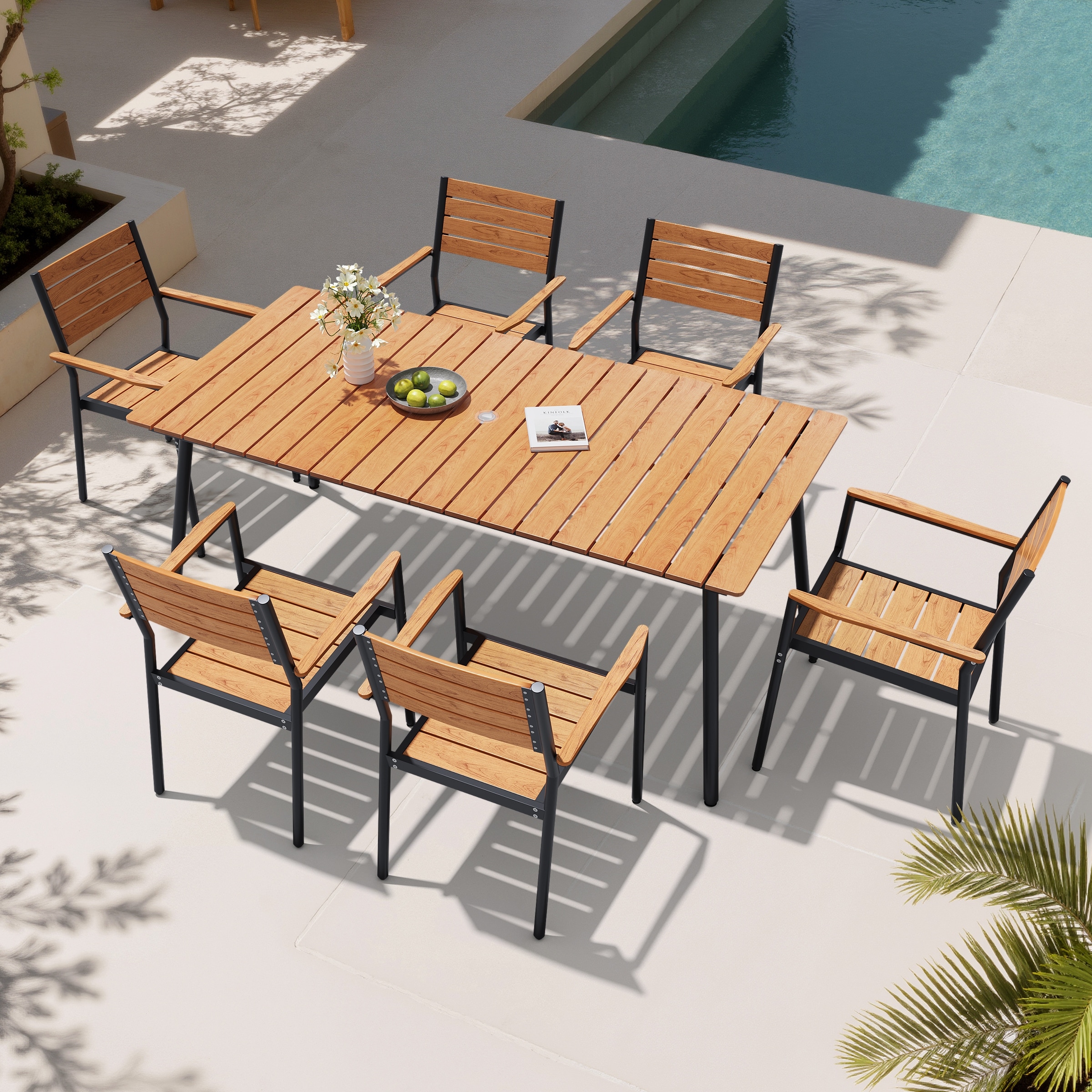 7-Piece Outdoor Patio Dining Set Wood-Like Table Top Aluminum Umbrella Hole Table with Stackable Armrest Chairs
