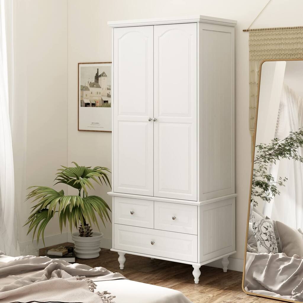 Wardrobe Closet Armoire with 2 Doors, 3 Drawers, 4-Tier Storage Shelves & Hanging Rod, Wooden Clothes Storage Cabinet