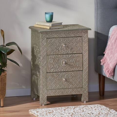 Deschutes Indoor Mango Wood and Iron Embossed Handcrafted 3 Drawer Nightstand by Christopher Knight Home
