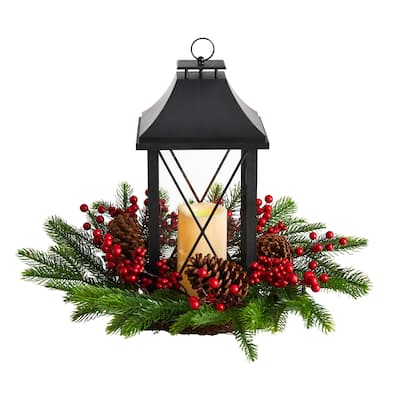 16” Pre-Lit Berry and Pinecone LED Christmas Candle Lantern