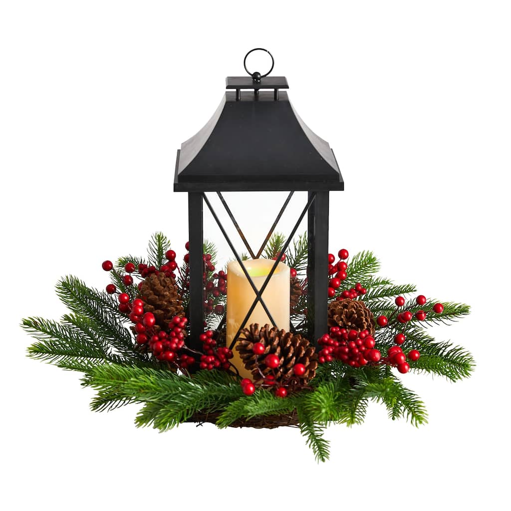 16” Pre-Lit Berry and Pinecone LED Christmas Candle Lantern