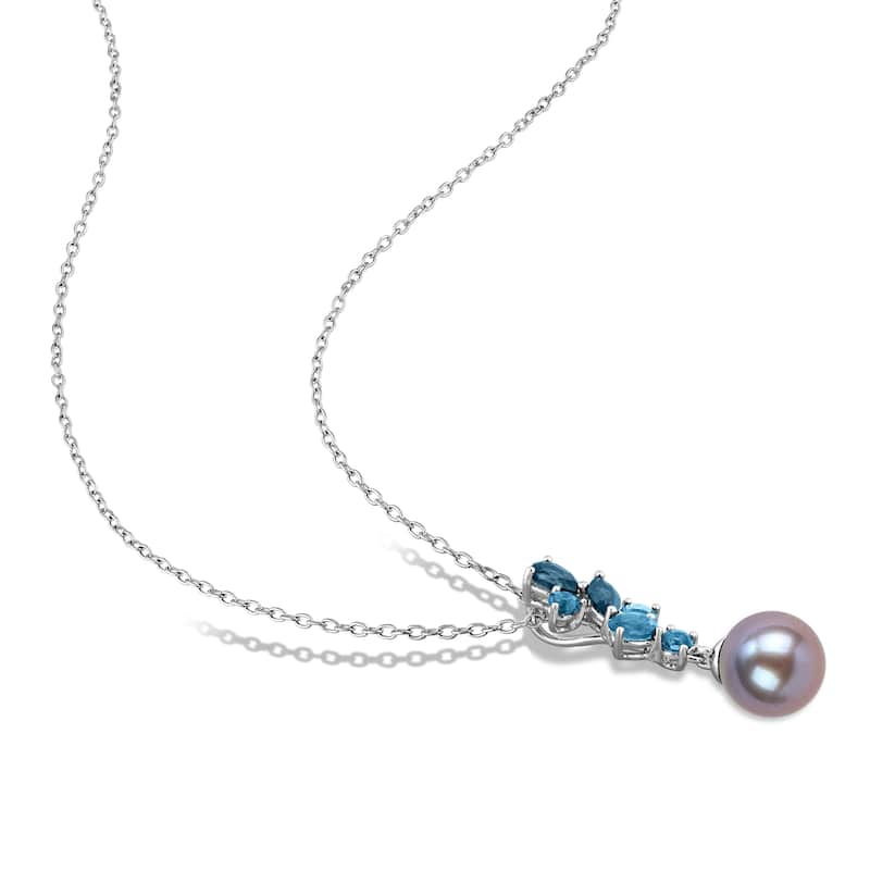Miadora Black Cultured Freshwater Pearl and London Blue Topaz Necklace Sterling Silver