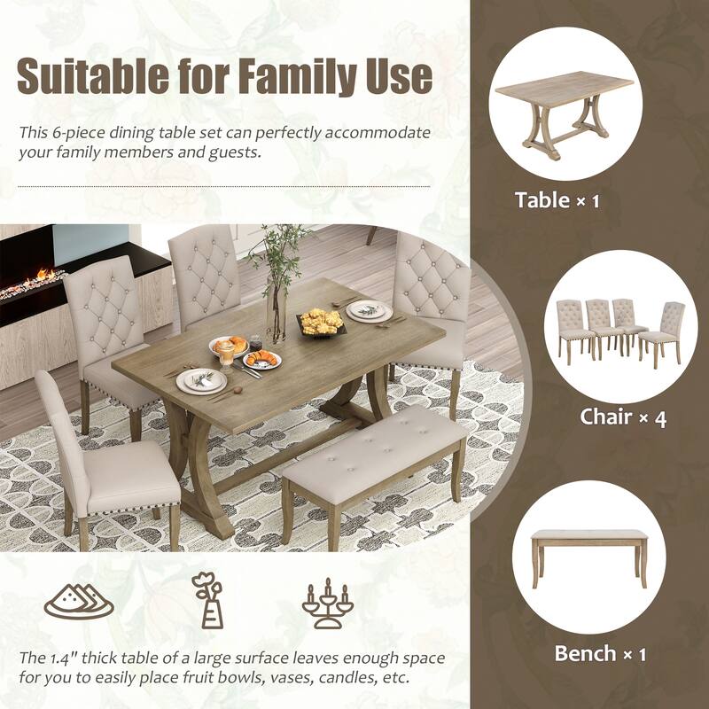 6-Piece Farmhouse Dining Table Set, Rectangular Trestle Table and 4 Upholstered Chairs & Bench