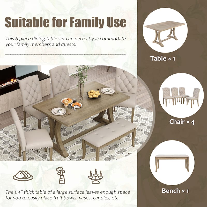 Rustic 6Piece Farmhouse Dining Table Set with Trestle Table and