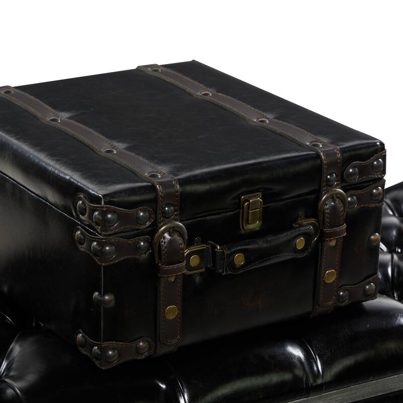 Black Faux Leather Tufted Upholstered 3 Trunk Storage Bench with Industrial Wheels and Gold Studded Accents