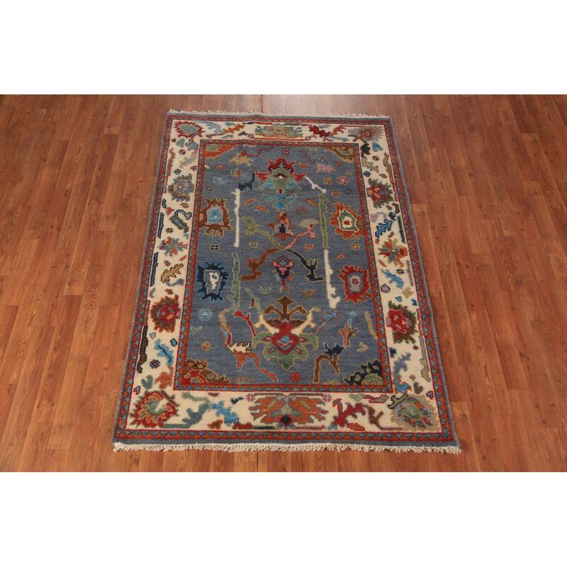 Blue Oushak Oriental Rug Transitional Handmade Wool Carpet - 4'1"x 5'11"