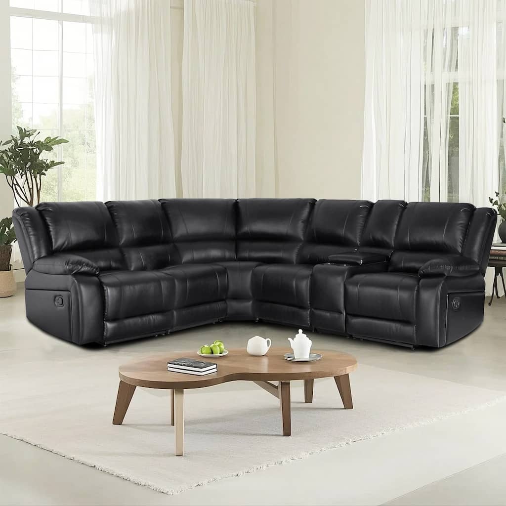 6PCS, 2 Manual Recliners, Faux Leather Reclining Sectional with Center Console