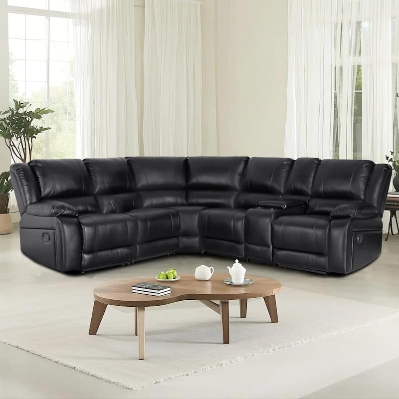 6PCS, 2 Manual Recliners, Faux Leather Reclining Sectional with Center Console - Black